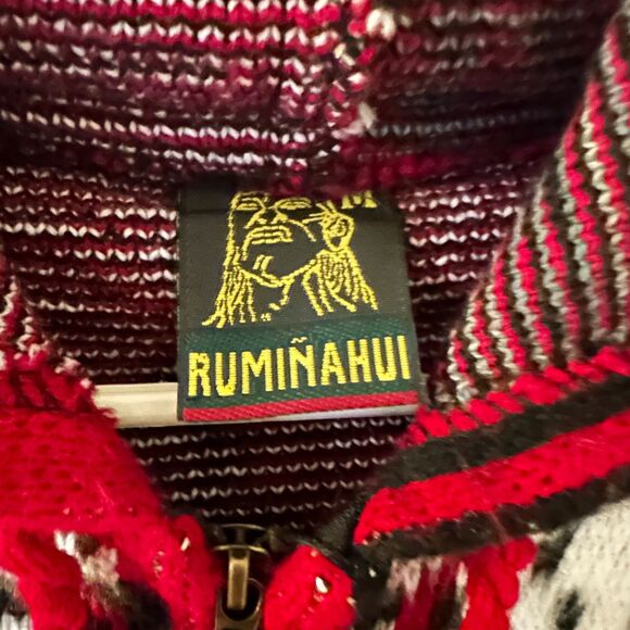 Ruminahui Red, White & Black Wolf & Native American Wool Zip Hooded Sweater M - Picture 3 of 7